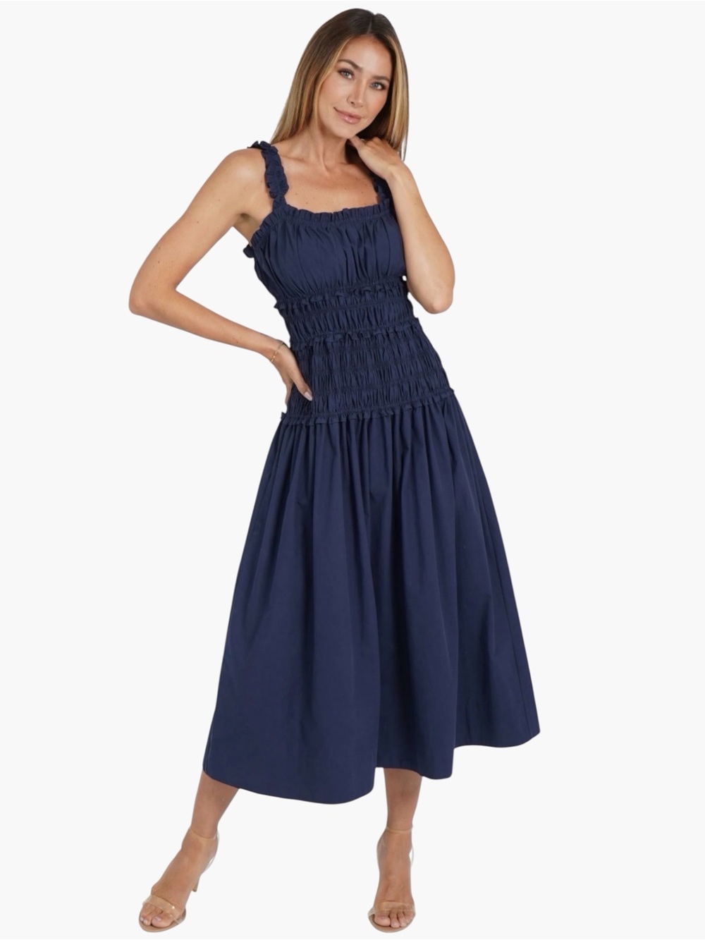 Caroline Constas Women’s Navy Blue Shirred Cotton Sleeveless Midi Dress Medium